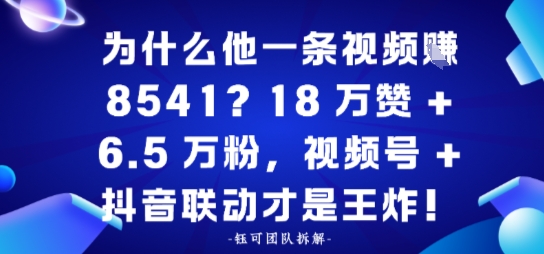 为什么他一条视频賺8541？18万赞+6.5 W粉，视频号+抖音联动才是王炸！-狂人资源网