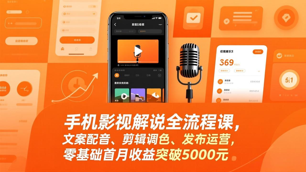 手机影视解说全流程课，文案配音、剪辑调色、发布运营，零基础首月收益突破5000元-狂人资源网